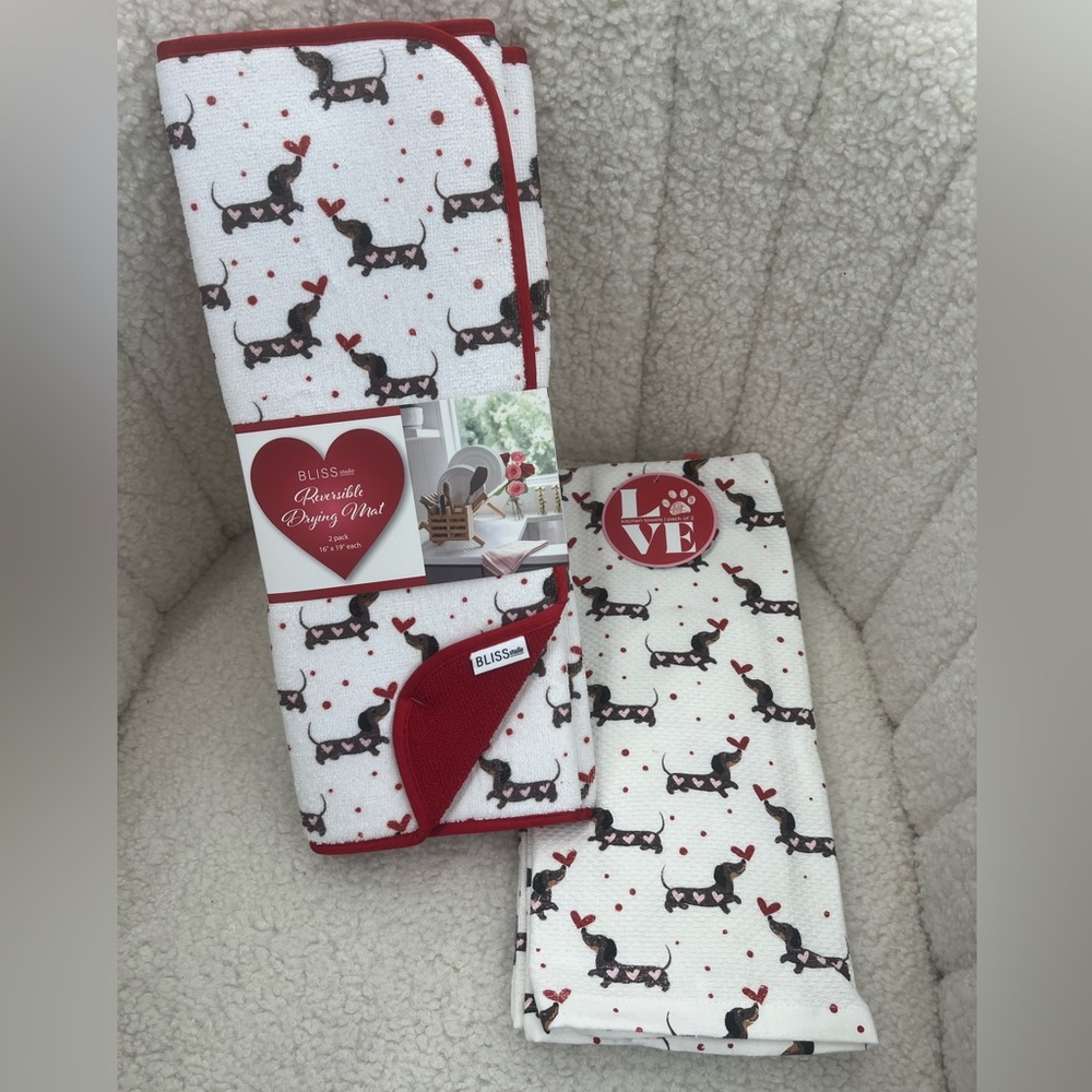 Dachshund Doxie Heart  Kitchen Towel & Drying Mat Set 4pcs